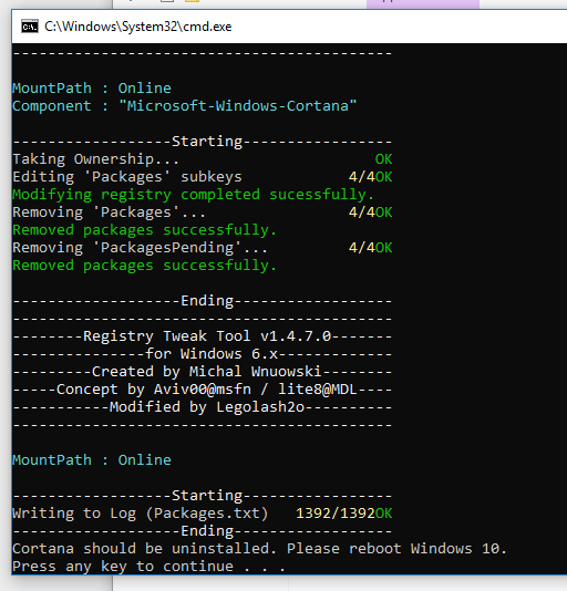 Console window after uninstall cortana has finished